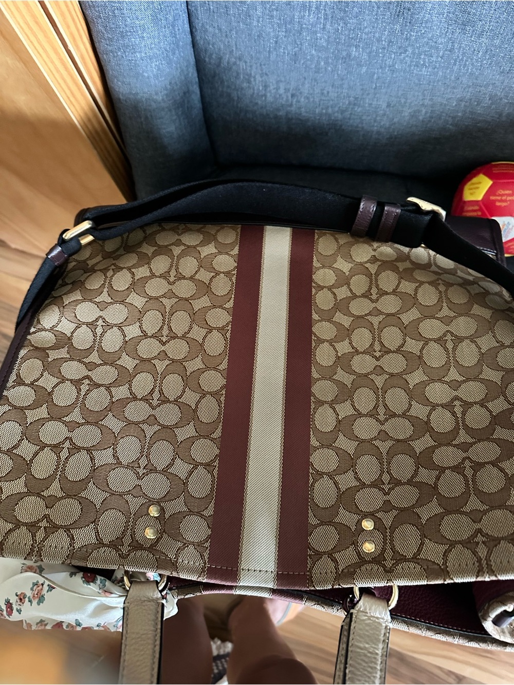 Coach Beige Canvas Tote with Burgundy Stripe and Brown Trim - Picture 3 of 9